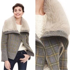 Banana Republic Plaid Moto Coat With Faux Fur Sz M EUC